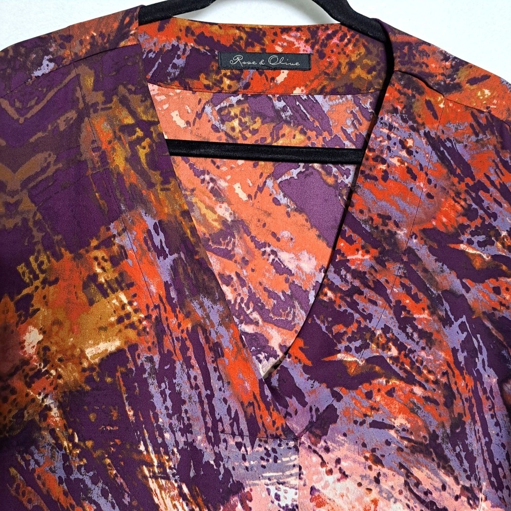 Rose Olive Womens 4X Purple‎ Orange Abstract Print VNeck Tunic Blouse 3/4 Sleeve - Picture 8 of 12